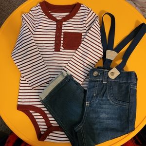 🌑 Baby boys long sleeve onesis and jean overalls set